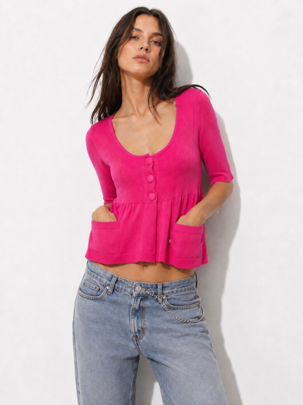 INC Pink Babydoll Retro Sweater Tunic Coquette Y2K Ribbed Knit Casual Top S